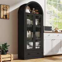 75" Tall Arched Kitchen Pantry Storage Cabinet W Load-Bearing Steel Pipe, Farmhouse Kitchens Storage Cabinet With Drawer And Glass Doors, Tall Arched