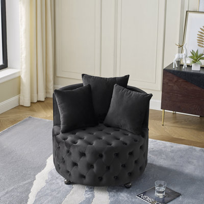 Upholstered Swivel Chair For Living Room, With Button Tufted Design And Movable Wheels, Including 3 Pillows by House of Hampton