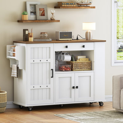 47.2" Mobile Kitchen Island with Storage Cabinet and Power Outlet, Rolling Storage Table with Drawer, Glass Holder and Spice Rack, for Kitchen, Dining by Winston Porter