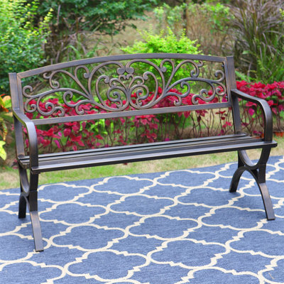 50" Bronze Outdoor Garden Bench with Floral Backrest, Cast Iron Frame, Arch Legs for Patio, Porch, Lawn, and Yard by World Menagerie