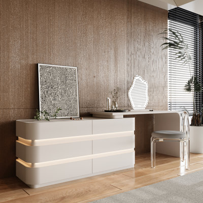Modern No Assembly Needed Makeup Vanity Desk with LED Lights & 6 Drawers (Expandable 51.1"-90.5") by Brayden Studio