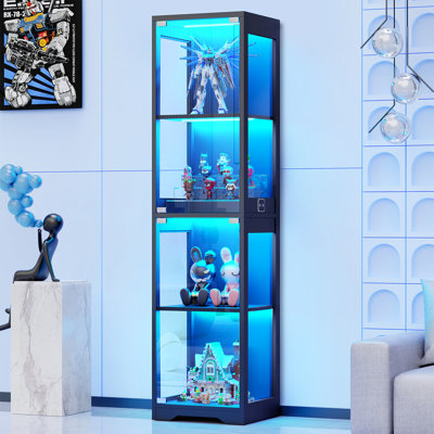 Glass Display Cabinet, 4-Tier Curio Cabinet with 3 Color Lights for Collectibles, Bookshelf with Door, Glass Display Case with Human Body Sensor by Wrought Studio