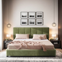 Luxury Plush Velvet King Headboard Bed, Olive Green