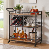 Bar Cart For The Home, Rolling Wine Carts On Wheels With 3 Tier Wood Shelves, Liquor Beverage Cart With Wine Rack And Glass Holder by 17 Stories