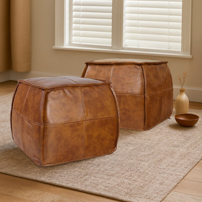 Full-Grain Genuine Leather Square Pouf With Patchwork Design (Set Of 2) by 17 Stories