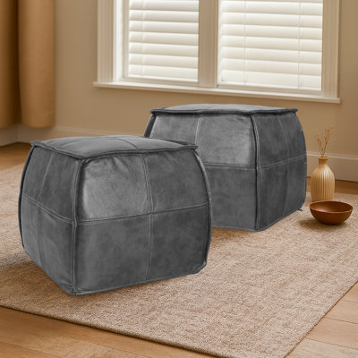 Full-Grain Genuine Leather Square Pouf With Patchwork Design (Set Of 2)