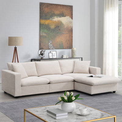 101*66" Modern Sectional Sofa With Throw Pillows,Cloud L-Shaped Couch Set With Wide Seat,4 Seat Polyester Comfy Fabric Couch Set With Movable Ottoman by Latitude Run