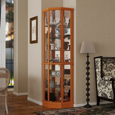 6 Shelf Corner Curio Cabinet with Lighted System Adjustable Tempered Glass Shelves and Mirror Back(E26 light bulb not included) by Mercer41