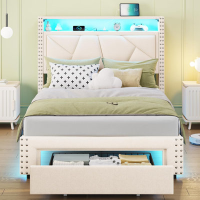 Velvet Upholstered Storage Teens Bed with Drawer & Charging Station 5 Support Legs by Wrought Studio