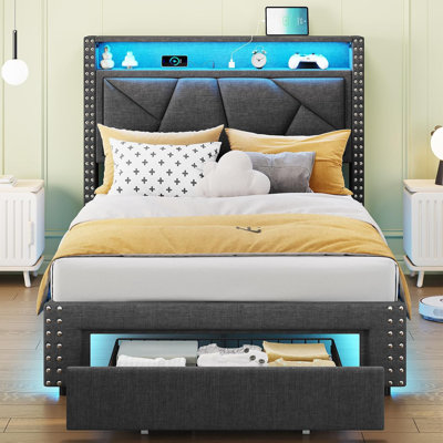 Velvet Upholstered Storage Teens Bed with Drawer & Charging Station 5 Support Legs by Wrought Studio