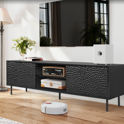 65" TV Stand For Tvs Up To 60" With Cabinet Storage And Open Shelves, Modern Black Finish