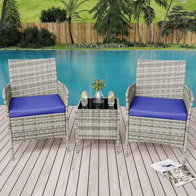 3-Piece Outdoor Rattan Furniture Set with All-Weather Cushions,Modern Patio Seating Group with Table Outdoor Garden Furniture Sets for Garden, Backyar