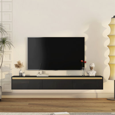Floating TV Stand, Wall Mounted TV Shelf With Led Lights & Power Outlet,High Gloss TV Cabinet For Black Tv Stands For Living Room