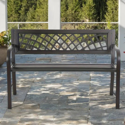Black Iron Steel Frame Patio Bench - Outdoor Benches With Mesh Pattern And Plastic Backrest Armrests - Garden Bench For Lawn by Red Barrel Studio