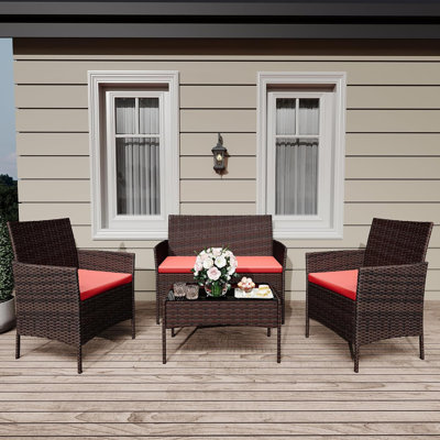 4 Pieces Patio Furniture Set, Rattan Outdoor Furniture with Upholstered Sofa, 2 Chairs and Coffee Table, Conversation Bistro Set for Garden, Backyard, by Winston Porter