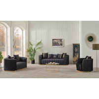 3-Piece Black Velvet Sofa, Loveseat, And Chair Set – Tufted Modern Glam Living Room Furniture With Gold Metal Base
