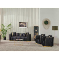 3-Piece Black Velvet Sofa And Two Chairs Set – Modern Glam Tufted Living Room Furniture With Gold Metal Accents by Everly Quinn
