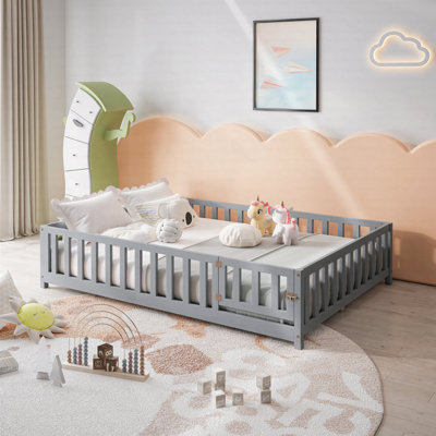 Full Size Floor Platform Bed With Support Slats And Fence For Kids by Harriet Bee