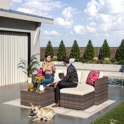 Outdoor Patio Furniture Set, 5 Pieces All-Weather Wicker Sectional Conversation Sofa with Glass Coffee Table and Detachable Soft Cushions, Small Outdo by Ebern Designs