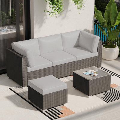 Outdoor Patio Furniture Set, 5 Pieces All-Weather Wicker Sectional Conversation Sofa with Glass Coffee Table and Detachable Soft Cushions, Small Outdo