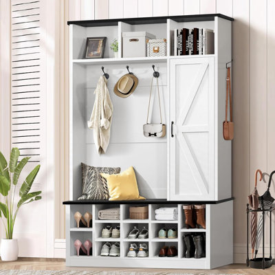 79 Inch Hall Tree with Shoe Storage, Farmhouse Mudroom Hall Tree with Bench and Coat Rack, White Entryway Bench with Barn Door, Adjustable Shoe Cubbie by Gracie Oaks