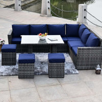 Dengler 5 Piece Rattan Lounge Navy Blue Cushion Cover by Latitude Run