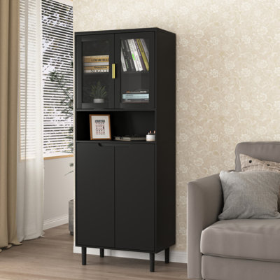 Tall Storage Bookcase With 2 Glass Display Door & 2 Doors, Tall Kitchen Pantry Cabinet With Handles, Modern Cabinet Freestanding Living Room by Dakota Fields
