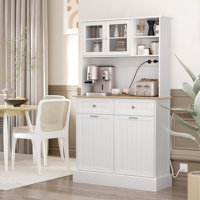 68" Kitchen Pantry Storage Cabinet with Charging Station, 2 Tilt Out Trash Cabinets and Microwave Stand, Freestanding Kitchen Hutch with Glass Doors a by Lark Manor