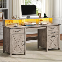 Farmhouse Computer Desk with Charging Station & LED Light, Home Office Desk with File Cabinet by Gracie Oaks