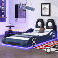 Race Car-Shaped Platform Bed With LED And Upholstered Backrest by Zoomie Kids