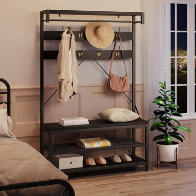Coat Rack Shoe Bench for Entryway Hall Tree Shoe Rack Large 3-Tier Storage Shelf and Hooks Removable Industrial Accent Furniture Metal Frame by 17 Stories