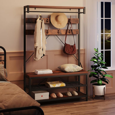 Coat Rack Shoe Bench for Entryway Hall Tree Shoe Rack Large 3-Tier Storage Shelf and Hooks Removable Industrial Accent Furniture Metal Frame by 17 Stories