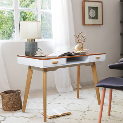 Elegant Modern Writing Desk With And Drawers - Natural Wood & White Finish by George Oliver