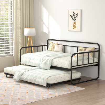 Twin Size Daybed And Trundle Bed Frame Set, Twin Metal Daybed Frame With Pull Out Trundle Bed, Black by Ebern Designs