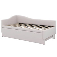 Twin Size Daybed With Pop Up Trundle, Linen Upholstered Day Bed Frame With Wood Slats,Extendable Trundle Bed,Twin To King Design by Red Barrel Studio