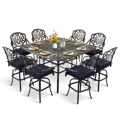 9-piece Outdoor Patio Swivel Bar Set, All Weather Cast Aluminum High Top Patio Bar Furniture With 8 Cushioned Swivel Bar Stools, Large 64" Square Pat