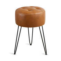 Faux Leather Vanity Stool Chair For Makeup Room,Brown Stool For Vanity, 19” Height, Tufted Small Vanity Chair Stool With Metal Legs, Modern Foot Stool