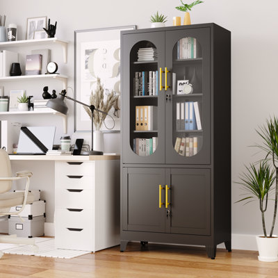 Metal Vertical Home Office Filing Cabinet with Glass Doors and 3 Adjustable Shelves by Lark Manor