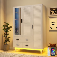 3-Door 71" Armoire Wardrobe With LED Lights, Mirror, Hanging Rod, 3 Drawers, And Shelves by George Oliver