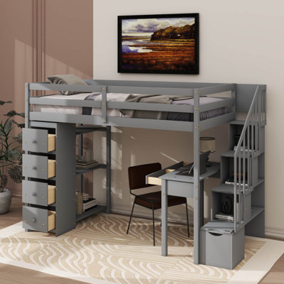 Wooden Twin Size Loft Bed With Desk Stairs Storage Drawers And Shelves by Harriet Bee