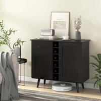 2-door Wine Bar Cabinet Kitchen Sideboard Buffet With Drawer & Adjustable Shelves Black by George Oliver