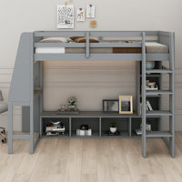 Wood Gaming Loft Bed With Desk, Multi-Storage Shelves, LED And A Hanging Clothes Rack by Harriet Bee
