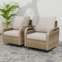 Outdoor Patio Brown Wicker Wood Grain Armrest Swivel Glider Chairs with Cushion Set of 2 by Hokku Designs