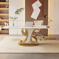 Tribesigns 78.74" Extra Long Computer Desk, Modern Rectangle Executive Desk, Luxury White & Gold Study Workstation with Sintered Stone Tabletop & Stai by Everly Quinn