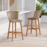 Rocky Outdoor 26.7” Seat Height PE Rattan Counter Stools With Acacia Wood Frame by George Oliver