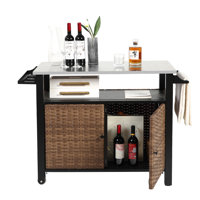 47.24“ Loutdoor Kitchen Wicker Island Rolling Cart & Storage Cabinet With Wheels And Stainless Steel Extended Table Top by Red Barrel Studio
