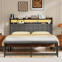 Bed Frame With Storage Headboard & Bed End Stool, Upholstered Platform Bed With Charging Station & LED Lights, Heavy Duty Metal Slats, No Box Spring N by 17 Stories