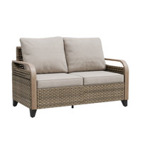 Outdoor Patio Brown Wicker Wood Grain Armrest Dining Loveseat with Cushion by Latitude Run