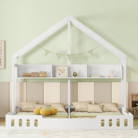 Wood Twin Size House Platform Beds,Two Shared Beds With Shelves And Guardrail by Harper Orchard