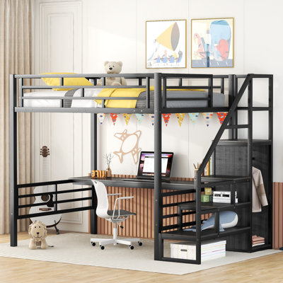 Full Size Metal Loft Bed with Desk, Storage Staircase and Small Wardrobe by Mason & Marbles